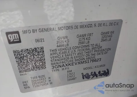 2021 Chevrolet Equinox Fwd Lt z USA, uszkodzony, nr VIN 3GNAXKEVXMS179623